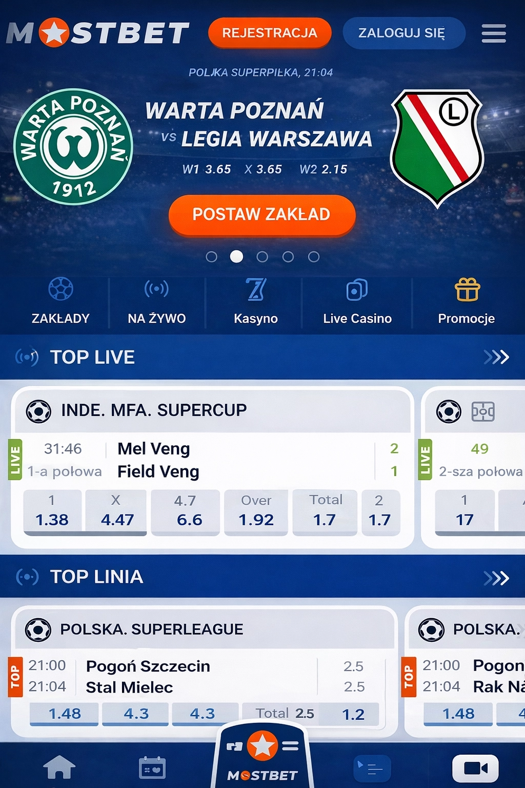 Mobilna wersja strony Mostbet
